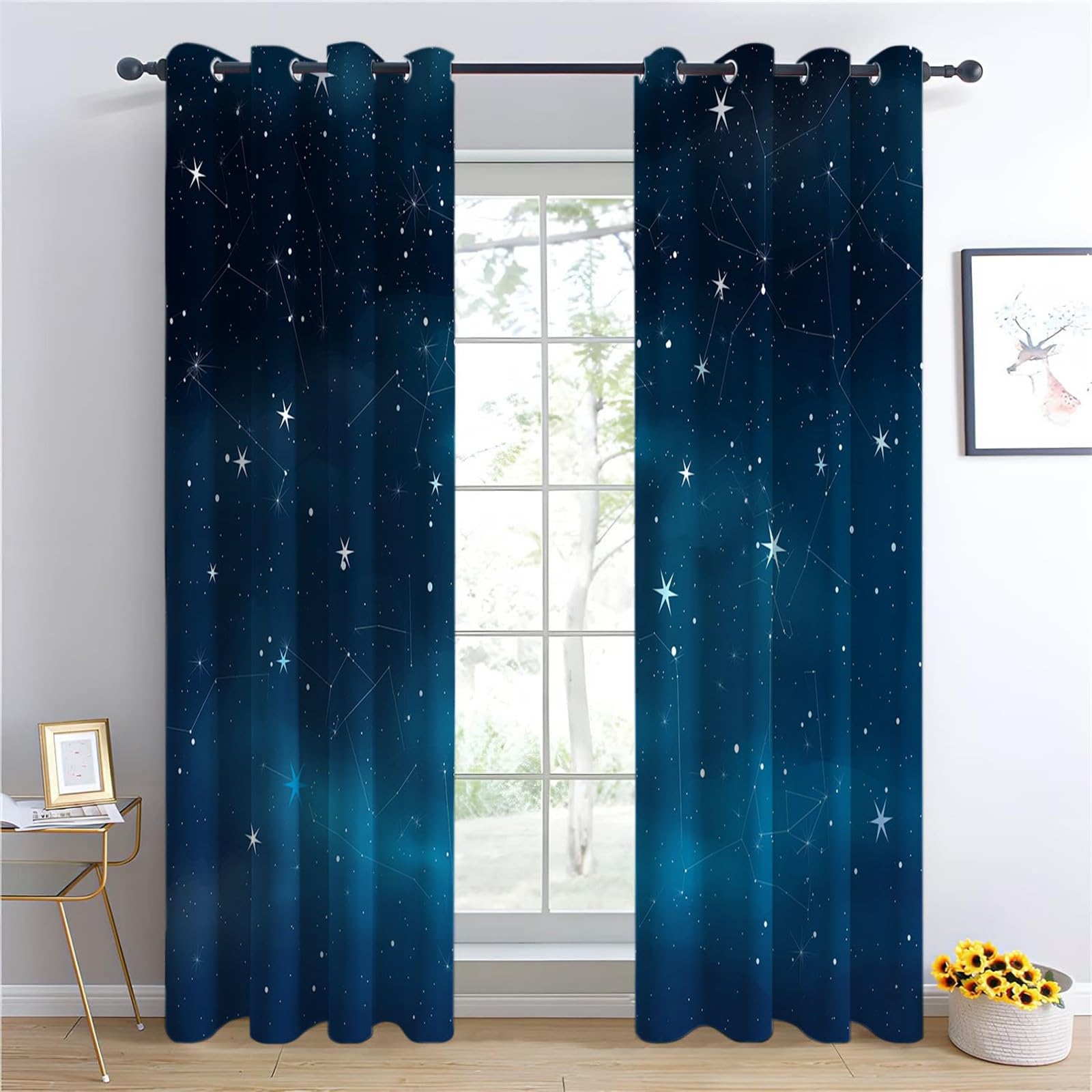 Lot de 2 rideaux occultants à isolation thermique avec œillets pour chambre à coucher et salon - Étoiles Et Constellations Rideau de fenêtre pour Enfants Chambre- Bleu Étoilé 220 x 215cm (l x P)