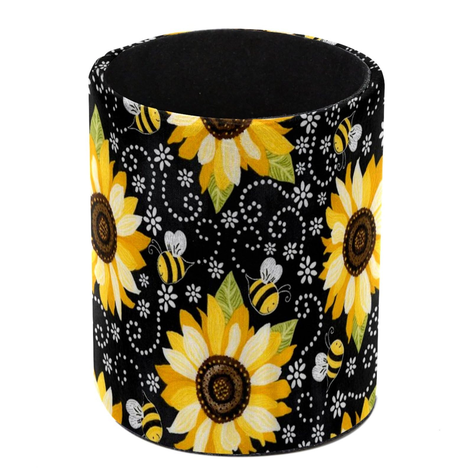 Luoweisi Sunflower and Bees Pen Holder for Desk, Leather Pen Pot, Desk Pencil Holder Round Makeup Organiser Home Office School Suppliers