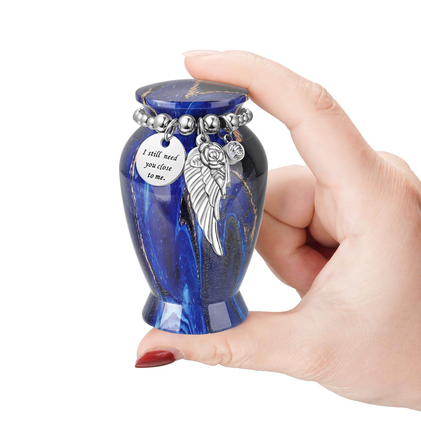 Memorials Small Urns for Human Ashes Keepsake Aluminum Mini Urns for Ashes with Angel Wing Charm Decorative Burial Urn Funeral Cremation Urns for Women and Men (Deep Blue)
