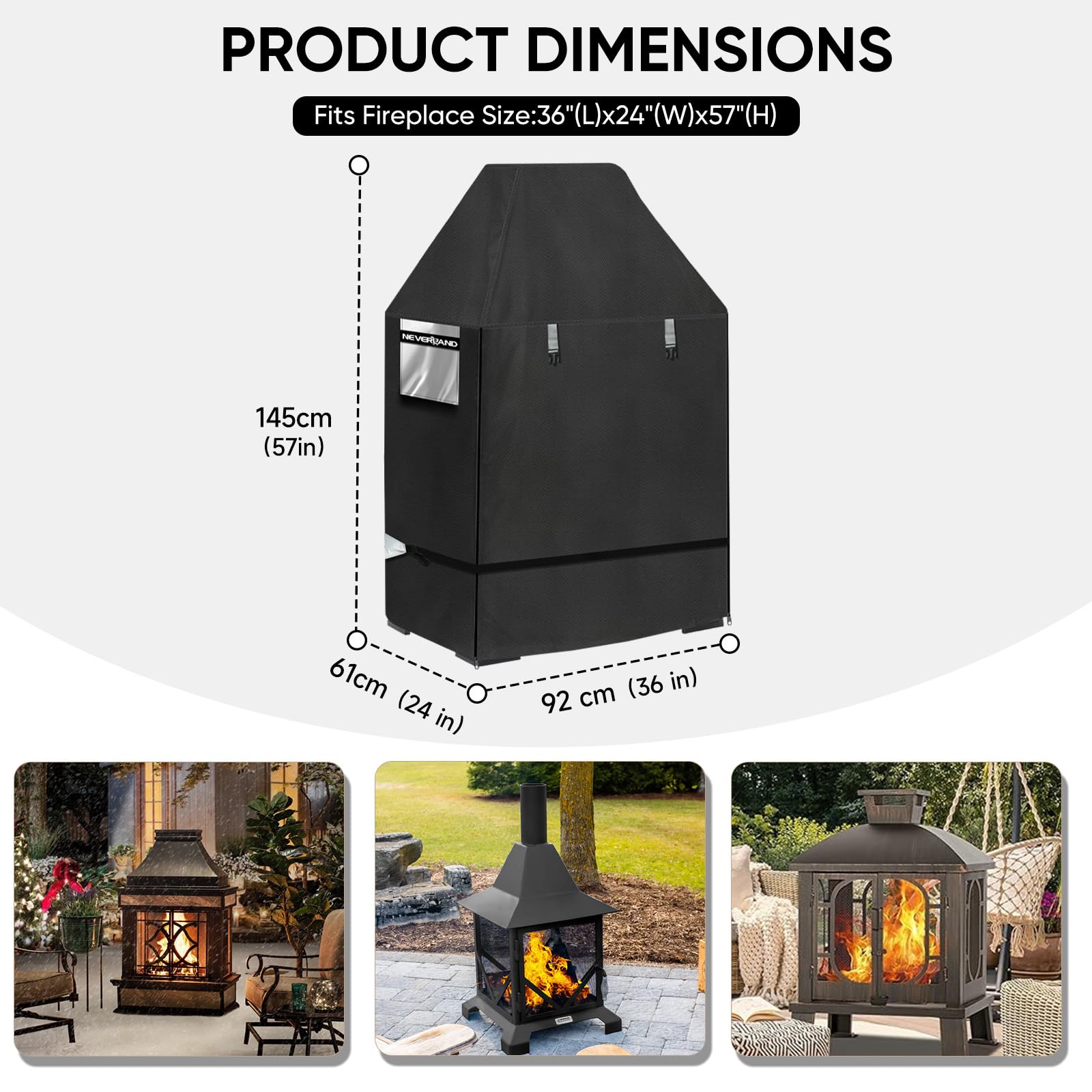 NEVERLAND Outdoor Fireplace Cover - Patio Wood Burning Fireplace Covers Waterproof, 600D Heavy Duty Oxford Fabric for Square Chiminea Fireplace Cover 36 x 24 x 57 Inch with Individual Straps, Black