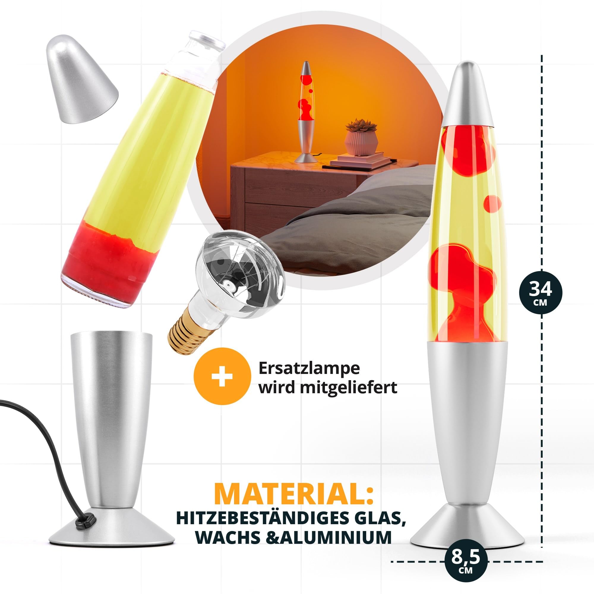 Lavalampe (rot) | Rote Wachslampe | Originell und handliche Tischlampe mit 1,7 m Kabel & Ersatzleuchtmittel | Retro-Design