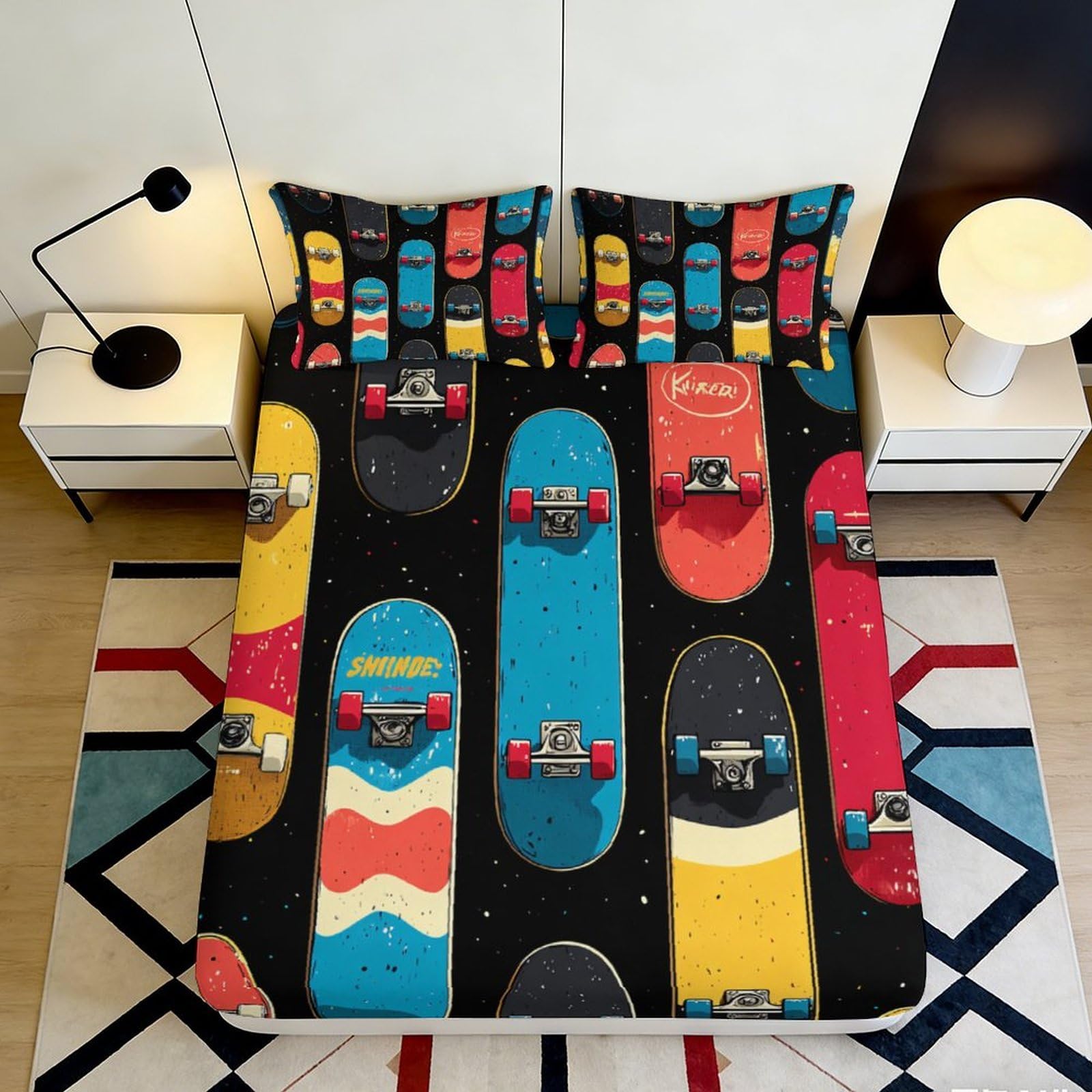 3D Printed Colorful Skateboard Fitted Sheet Microfiber Soft Anti-Slip Graffiti Bed Cover for Bedroom Guestroom Decor 90x200x25cm