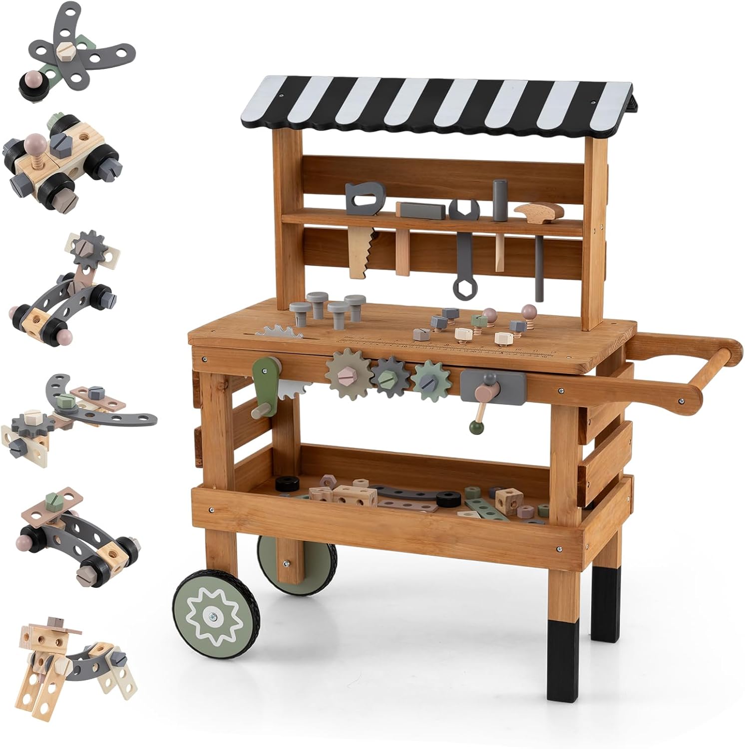 Costzon Kids Tool Bench, 2-in-1 Wooden Kids Workbench w/Play Tools Set, Canopy, Rolling Wheels for Construction Play, Outdoor Toddler Workbench Playset, Pretend Workshop Toy Gift for Boys & Girls 3+