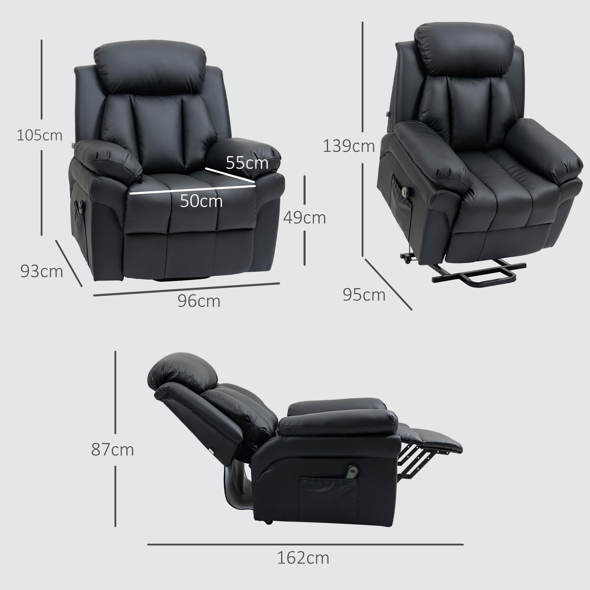 HOMCOM Fauteuil releveur électrique, Fauteuil Relax électrique avec Repose-Pied Ajustable, Dossier inclinable, télécommande, Poche latérale, pour Personnes âgées, Noir