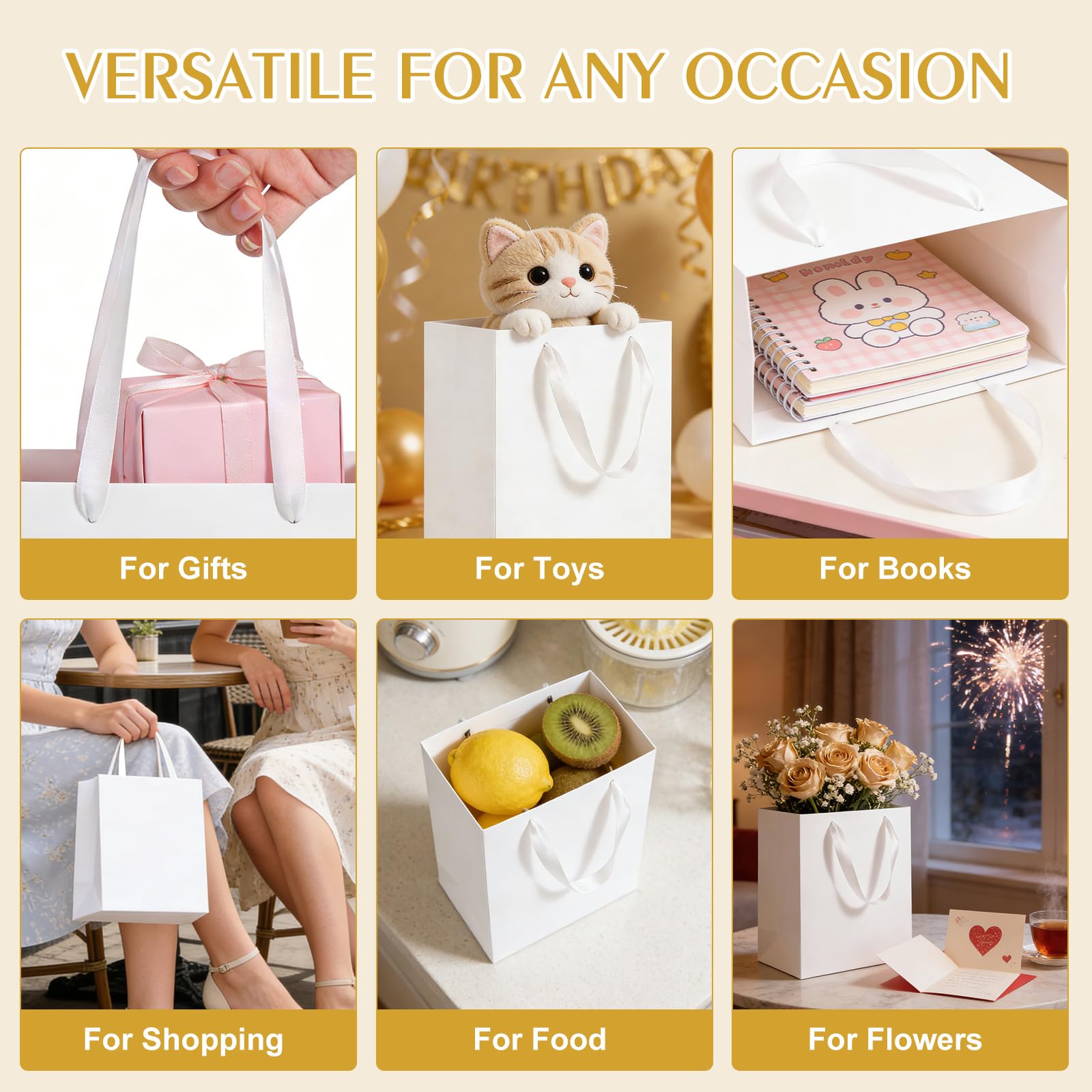 Ethhqu 4 Pack Medium White Gift Bags with Handles, 8x5x10 Inches - Includes 4 Tissue Papers for Birthday Party, Baby Shower, Wedding, Business, Thanksgiving, Christmas (White Medium-4 Pcs)