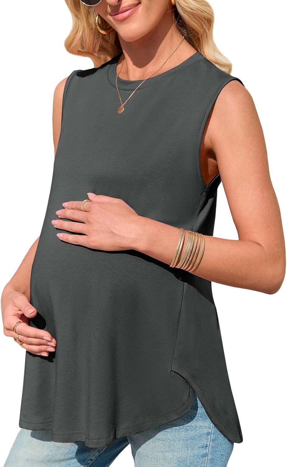 Women's Maternity Tank Top Summer Sleeveless Crewneck Pregnancy Shirts Side Split M...