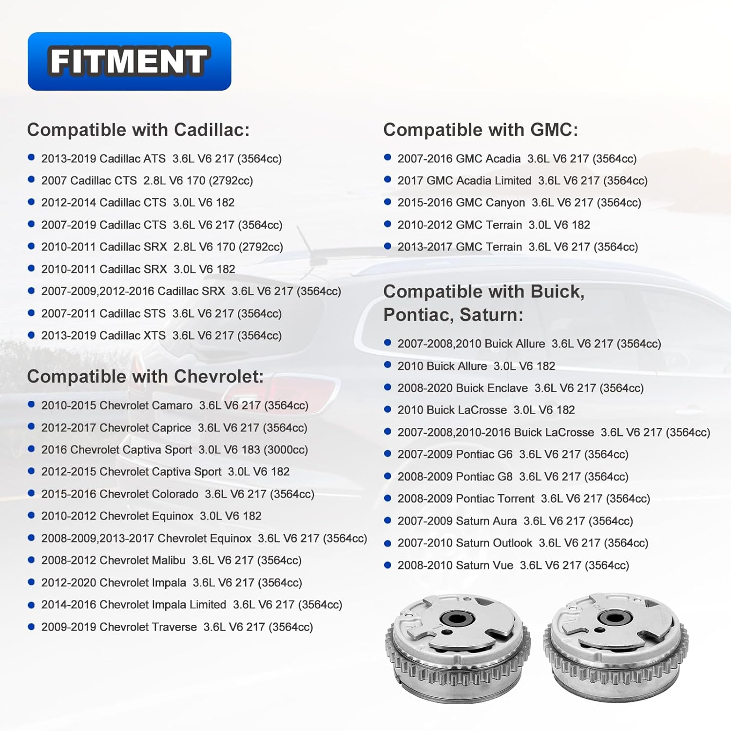 Variable Valve Timing Sprocket Intake & Exhaust Camshaft Adjuster VVT Cam Gear with Bolts Compatible with Cadillac ATS CTS STS Chevy Impala GMC Acadia 3.0L 3.6L Replace# 12626160 12626161 12614464