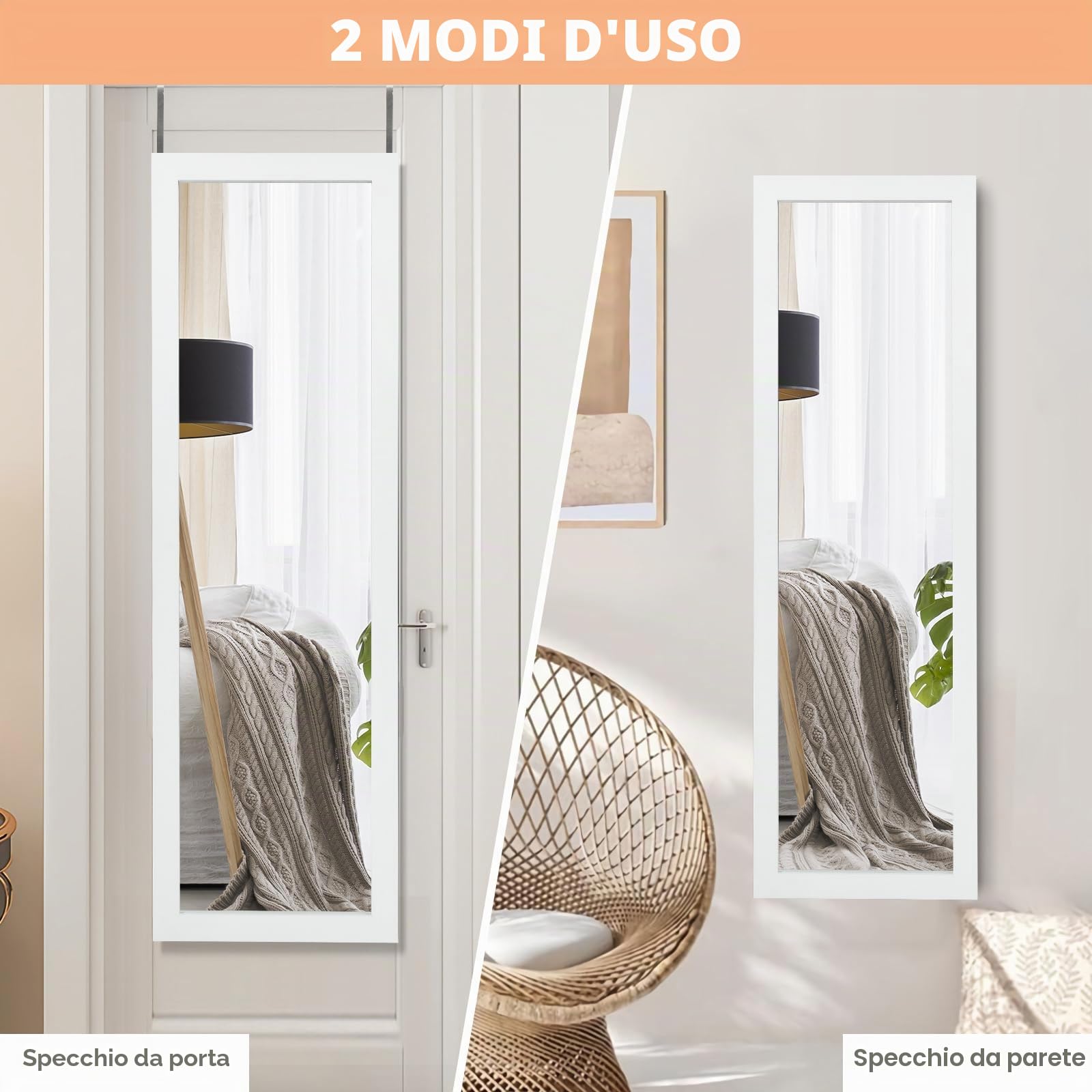 LIFEZEAL Specchio da parete, 120 x 37 cm, specchio per porta per tutto il corpo, specchio rettangolare da parete decorativo per soggiorno, bagno, camera da letto (bianco)