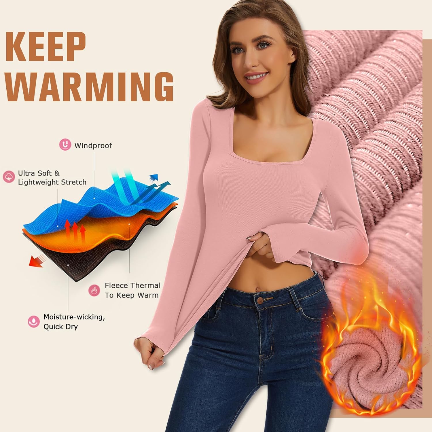 WOWENY Women Thermal Long Sleeve Shirt Fleece Lined Basic Fitted Tops Lace V Neck Undershirts Winter Tight Base Layer - Image 2