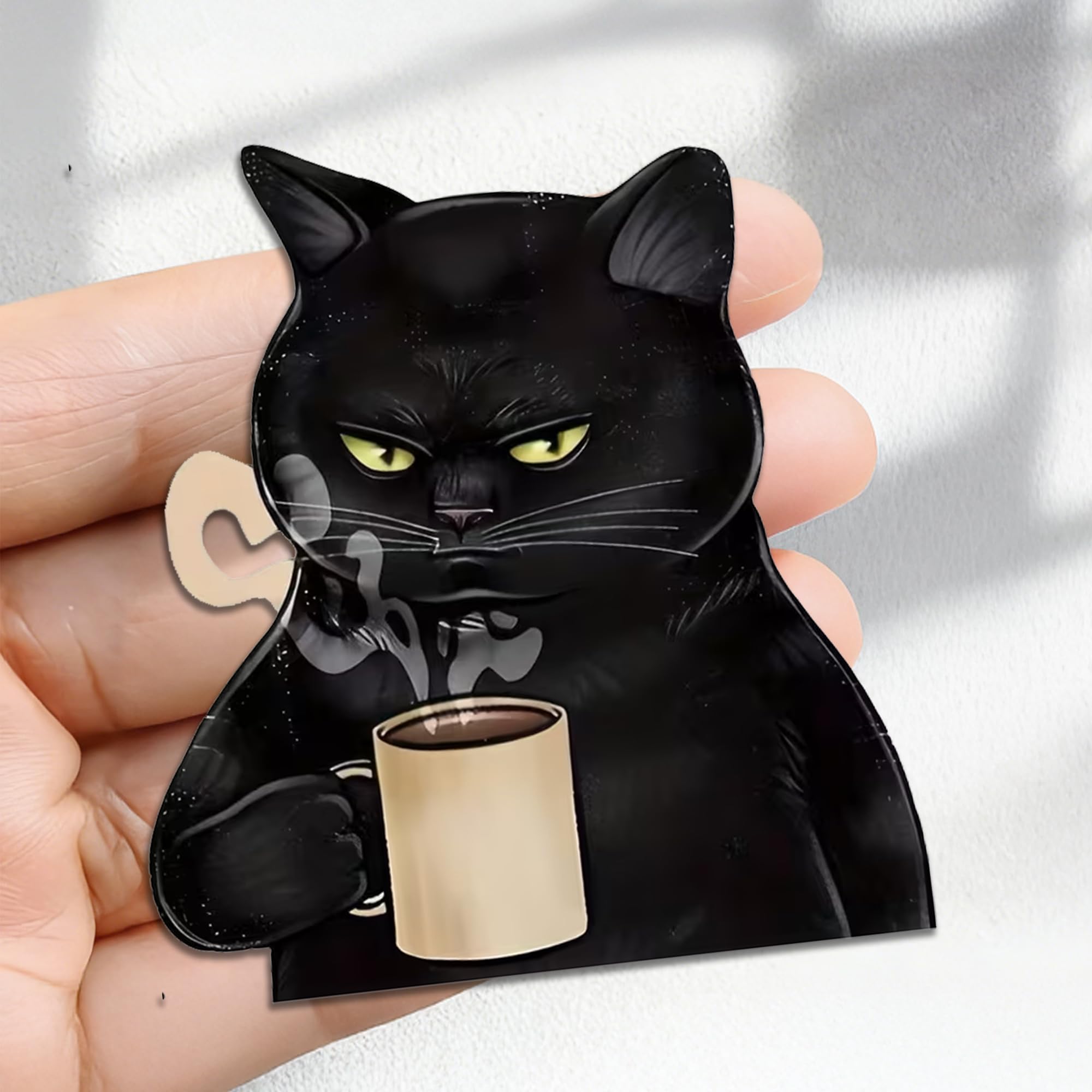 Grumpy Black Cat with Coffee Acrylic Refrigerator Magnet - Funny Animal Decor for Fridge, Locker, Whiteboard for Cat Lovers, Coffee Enthusiasts/BXT-X75