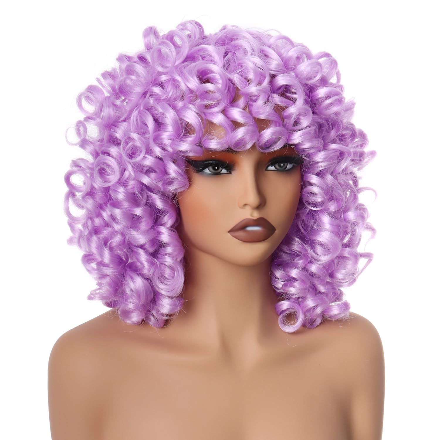 PORSMEER Purple Curly Wigs for Women Synthetic Hair Natural Loose Curly Afro Kinky Medium Wavy Bob 70’s 80'S Wig Black Women for Costume or Daily Wear(light purple) - Image 3