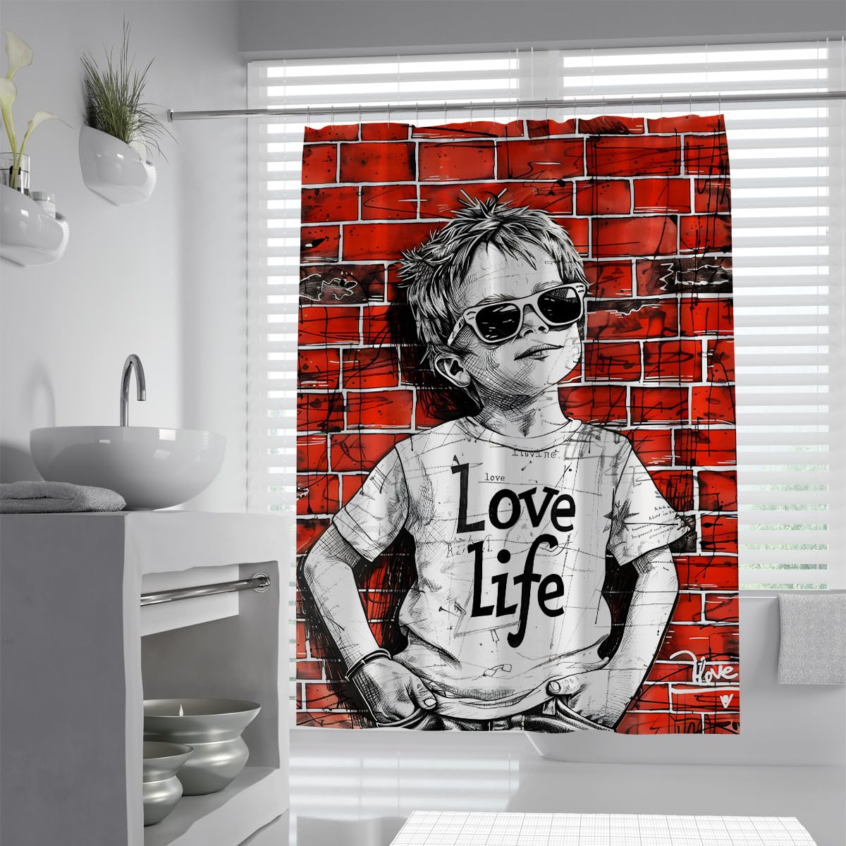 Straßen-Stil Duschvorhang Cooles Kinderporträt mit Sonnenbrille Wasserdichter Polyester-Badevorhang Maschinenwaschbar für schicke Badezimmerdekoration 180 x 180 cm