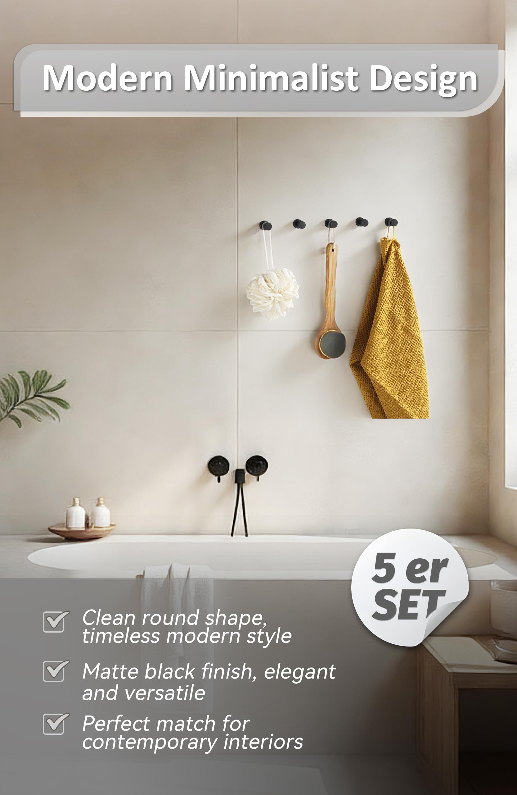 BGL Ganchos para abrigos montados en la pared, ganchos adhesivos resistentes, ganchos de pared negros, gancho para toallas para baño, cocina, puerta, armario, armario, latón, 5 paquetes
