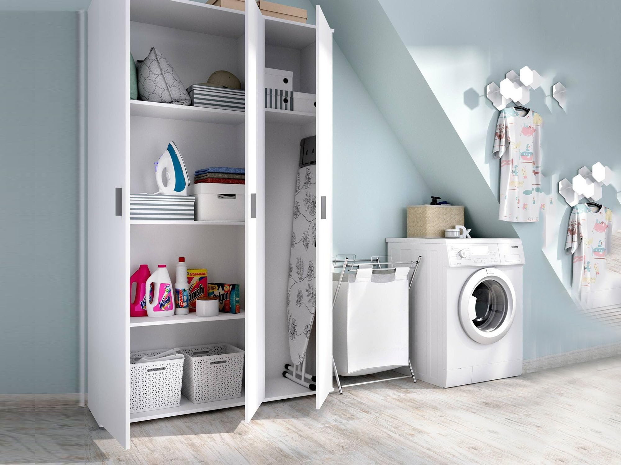 Dmora Armadio Multiuso Grande Sillano 35x190h cm Bianco 4 Ripiani Portascope, Apertura Battente