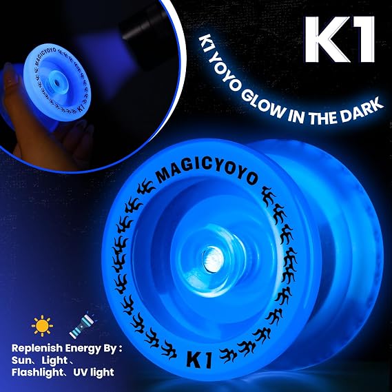 MAGICYOYO YoYo Kids K1 Glow Blue, Responsive Yoyo for Kids | Professional Stunt Yoyo for Beginner, Trick Yoyo with Unresponsive Bearing, YoYo Storage Case, 12 Strings, Glove, 2 Hubstacks