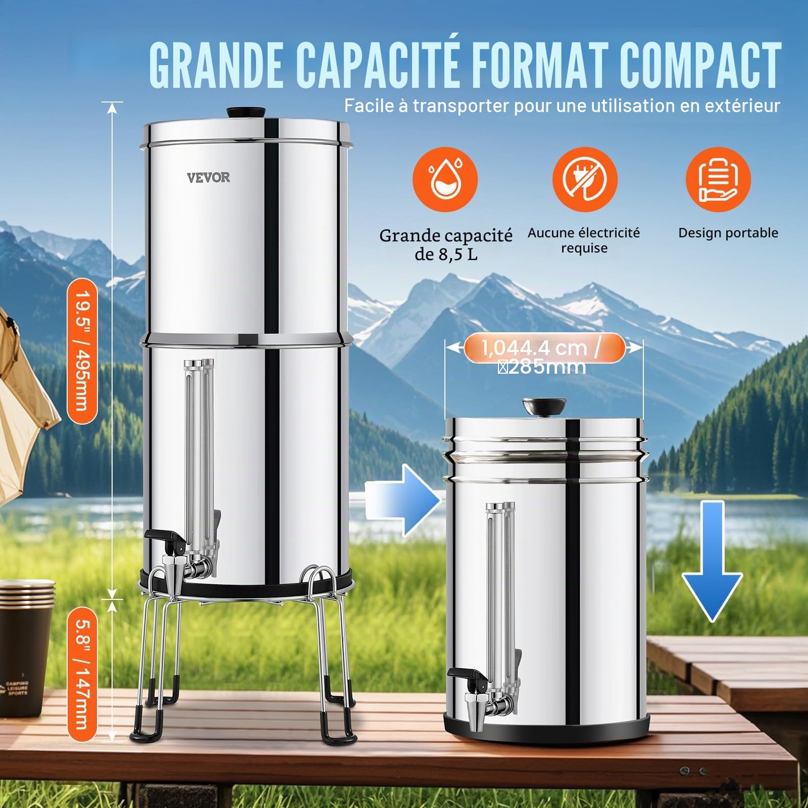 VEVOR Système de Filtration d'Eau par Gravité 8,5 L, Filtre à Eau par Gravité Réduction du Plomb et jusqu'à 99% du Chlore, en Inox 304, avec 2 Filtres à Charbon, Robinet, Niveau d’Eau et Support