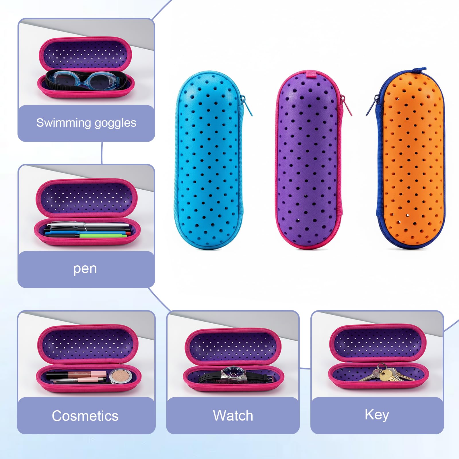3 Stücke Schwimmbrillen Etui, Etui Brille mit Karabiner, Schutz Schwimmbrille, Glasses Case für Schwimmbrille, Sonnenbrillen, Unisex (Blau, Orange, Violett)