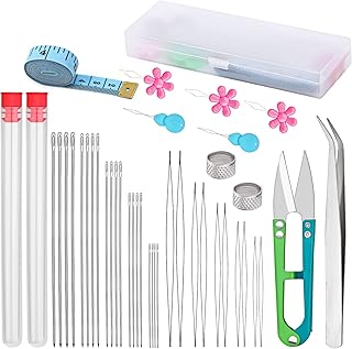 UOOU 43 Pcs Beading Needles for Jewelry Making Include 20 Pcs Long Straight Beading Needles + 10 Pcs Big Eye Beading Needles, Needles for Seed Beads Set with Storage Box, Thimble, Yarn Scissors