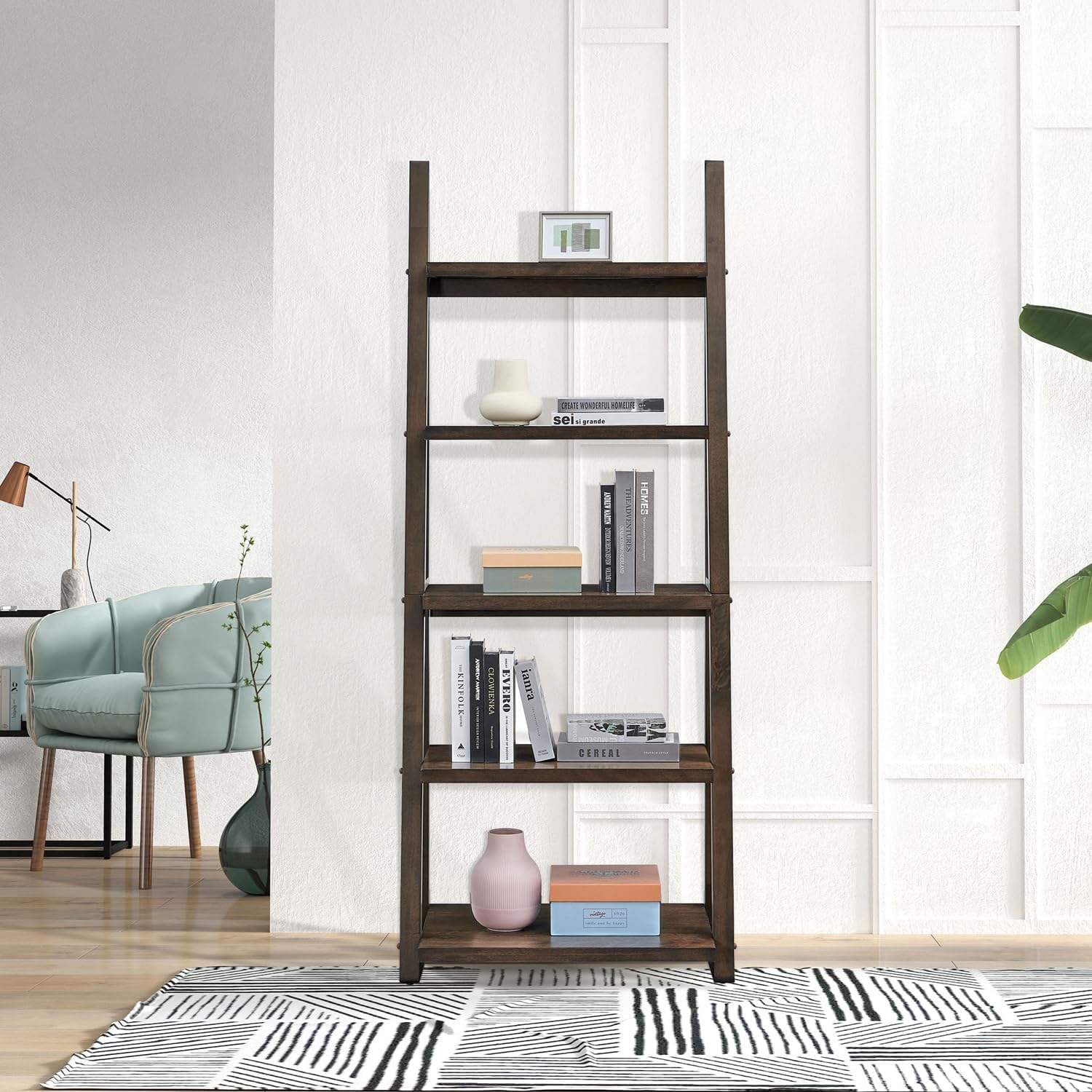Modern 5-Tier Shelf with Sturdy Rubberwood Frame and Ladder Design Bookcase Ladder Shelf for Living Room, Home Office, Kitchen, Bedroom (Rustic Brown)