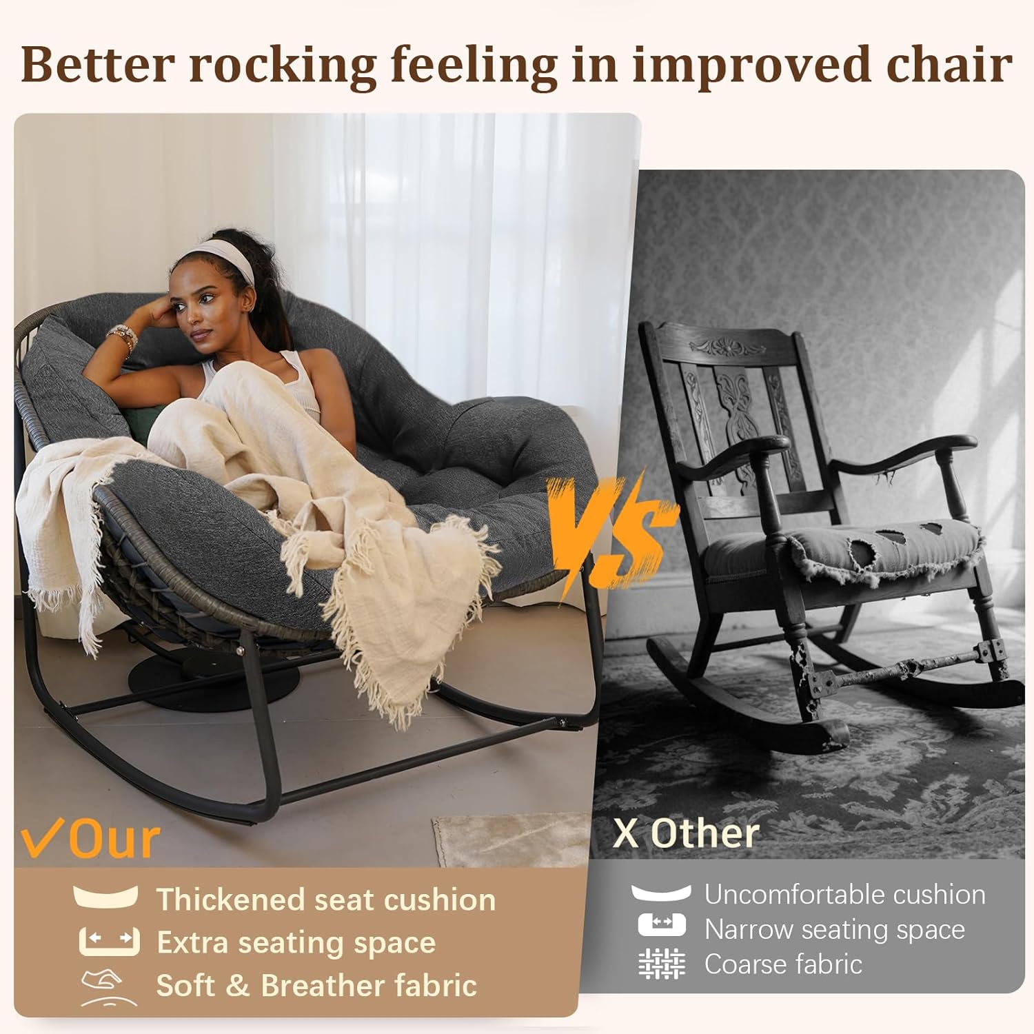 Papasan Rocking Chair, Oversized Rocking Papasan Chair Rattan Papasan Chair w Cushion, Wicker Egg Chair Rocker Outdoor Front Porch Chair, Big Comfy Rocking Chair for Outdoor(Dark Grey)