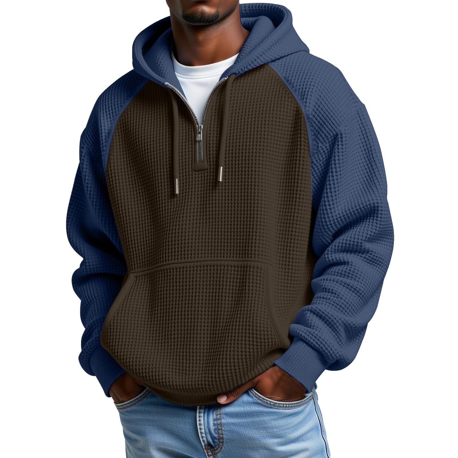 Mens Hoodies Pullover Quarter Zip Casaul Long Sleeve Drawstring Waffle Knit Hooded Sweatshirt with Pocket