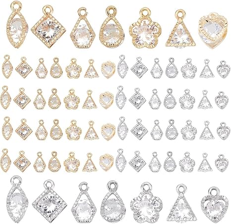 PH PandaHall 70pcs 7 Styles Zirconia Alloy Charms Golden Silver Heart/Flower/Horse Eye/Teardrop/Triangle Charms Sets for Earring Bracelet Necklace Jewelry Making