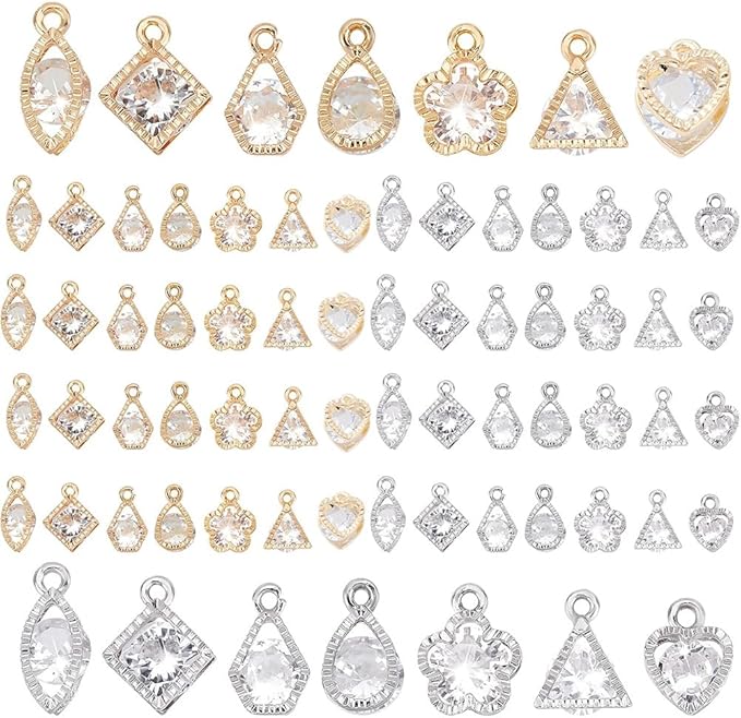 PH PandaHall 70pcs 7 Styles Zirconia Alloy Charms Golden Silver Heart/Flower/Horse Eye/Teardrop/Triangle Charms Sets for Earring Bracelet Necklace Jewelry Making