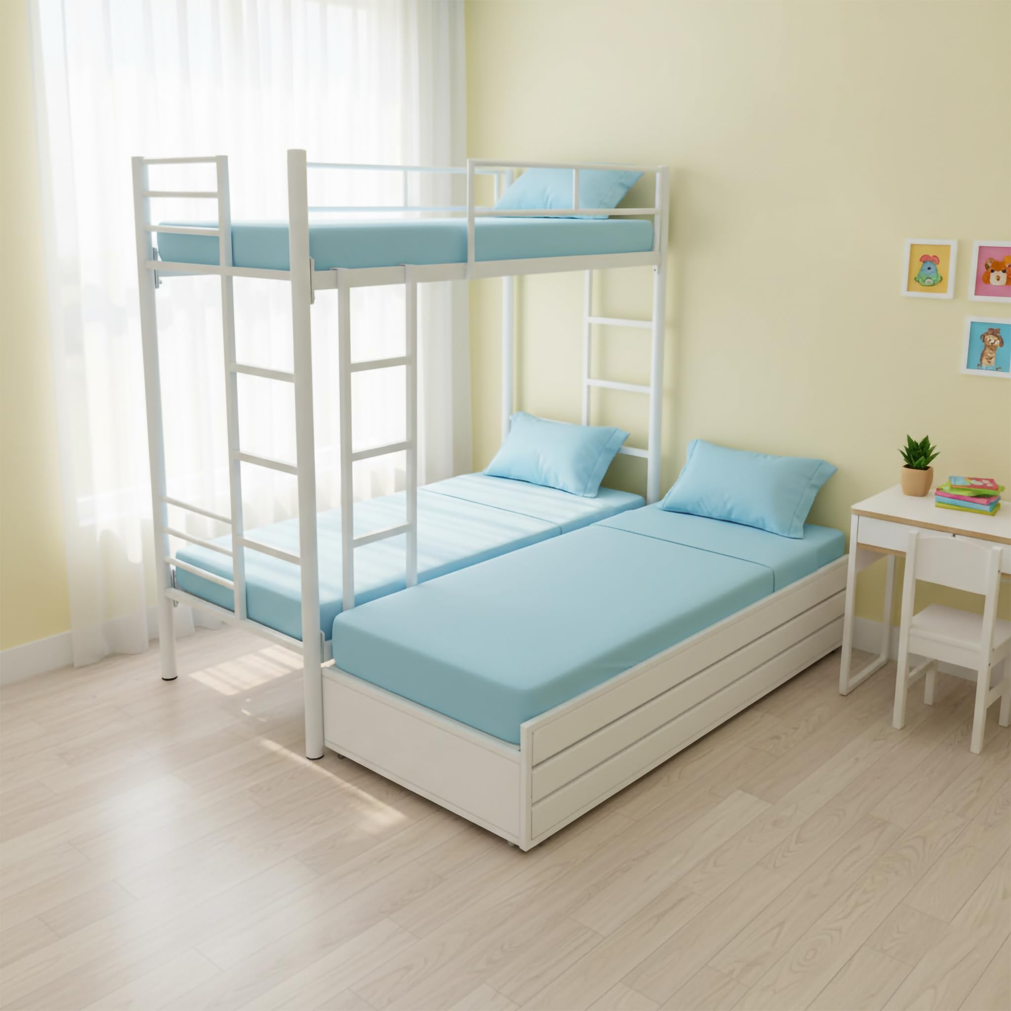 s k grill art Wrought Iron Bunk Bed with Storage Box with Mattress for Adults Metal Frame (White Powder Coated, 3 x 6 Feet)-image-47