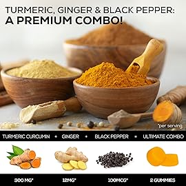 Turmeric Curcumin Supplement Gummies - 95% Curcuminoids with Turmeric & Ginger, Black Pepper for Best Absorption, Nature\'s Vegan Joint Support, Non-GMO, Gluten Free, Tasty Peach Flavor - 60 Gummies