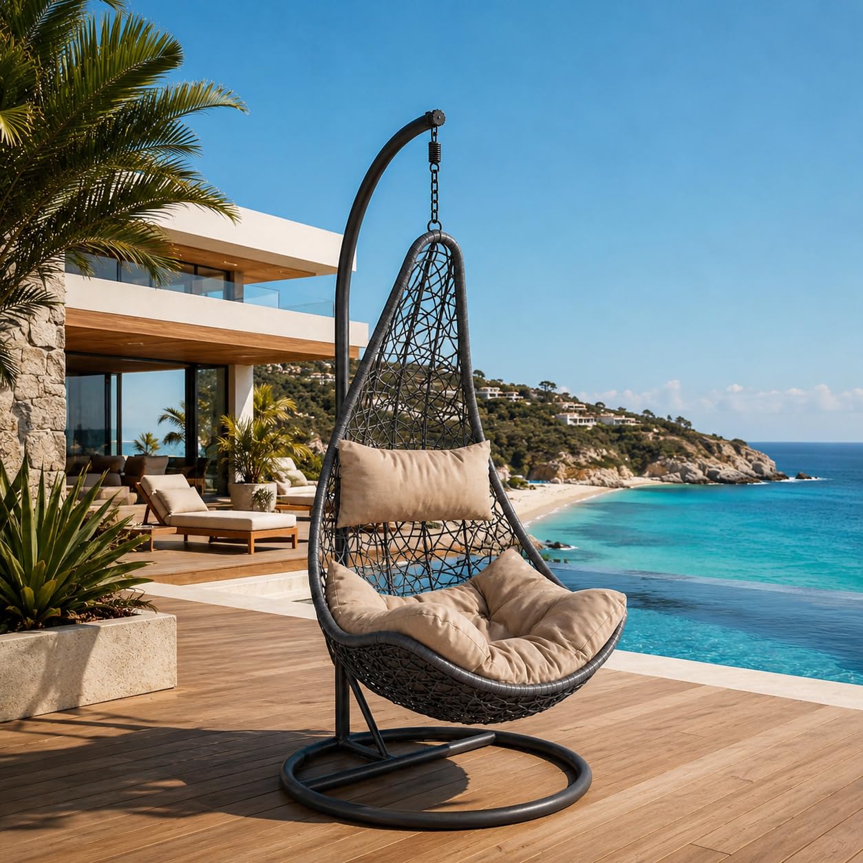 Poltrona Sospesa Da Giardino Con Struttura Autoportante In Metallo Seduta In Polyrattan E Cuscino Con Poggiatesta Beige Arredo Outdoor Terrazza Balcone E Veranda 105 x 195 Cm Nero