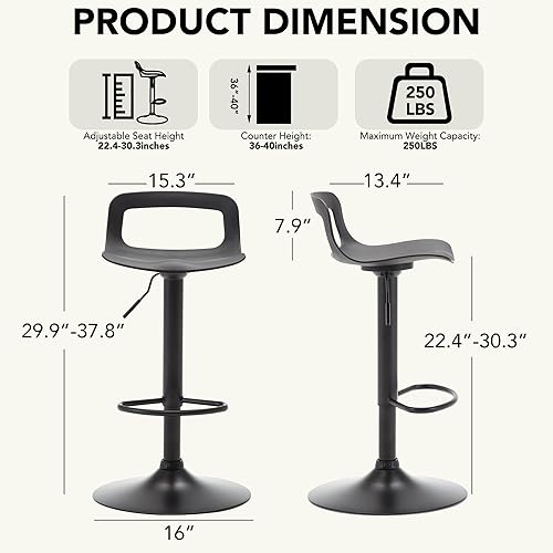 Miniatura 2 de thksbought Juego de 2 taburetes de bar, taburetes de bar giratorios de plástico ajustables, taburetes modernos con respaldo abierto y reposapiés,