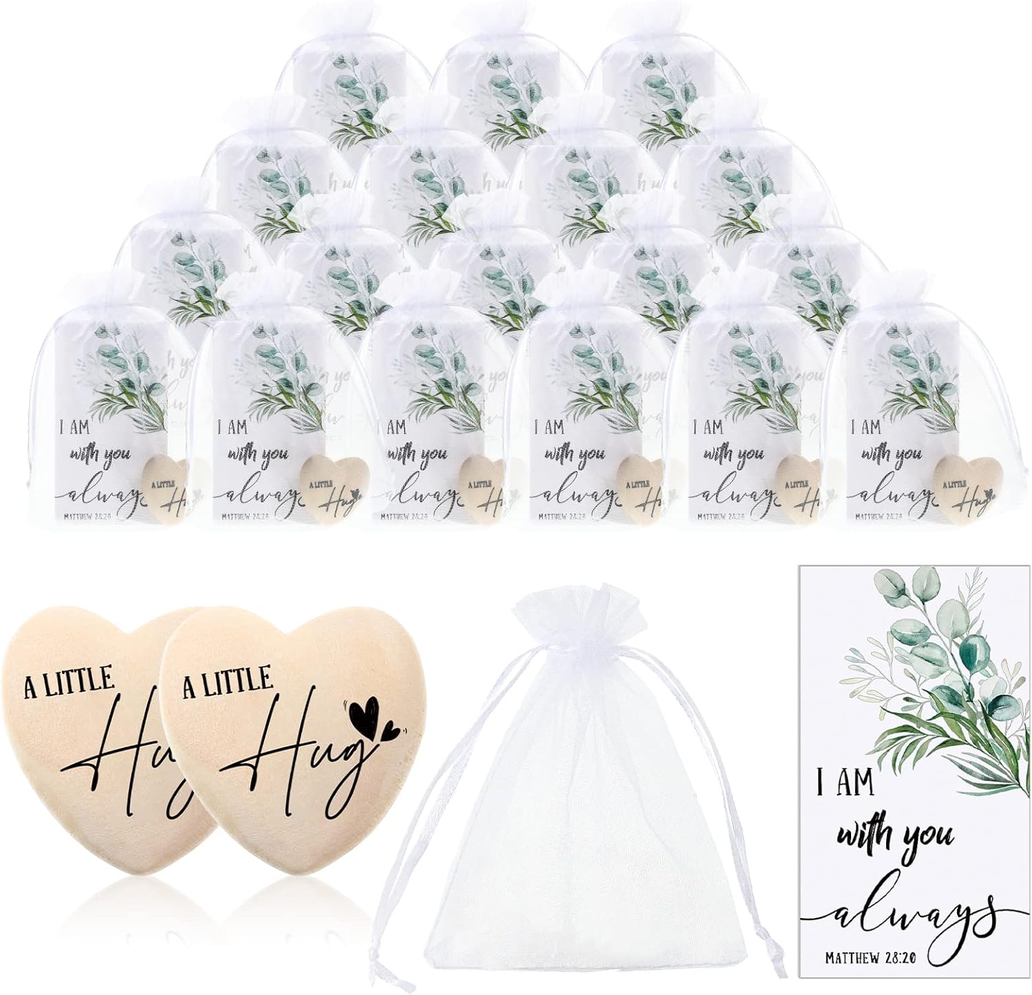 Bucherry 100 Sets Wooden Heart Pocket Hug Token with Bible Hug Card Organza Bag Bulk Student Pocket Reminder Keepsake Heart Charm for Family Friend Colleagues