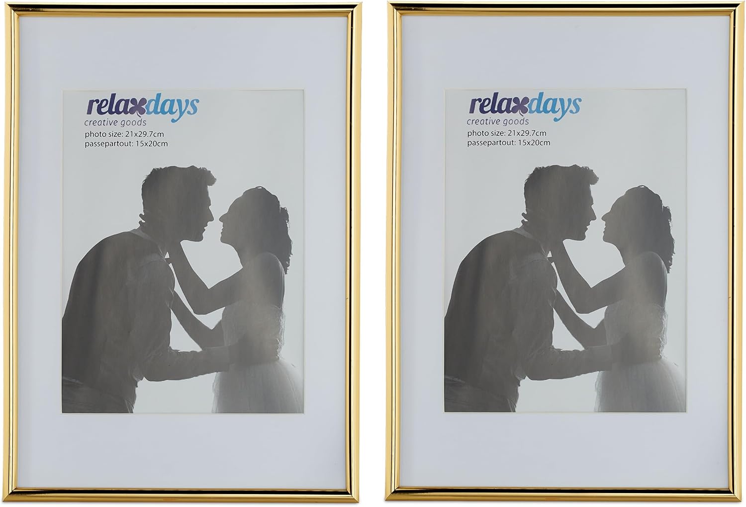 Relaxdays Photo Frame Set of 2, 20 x 30 cm, Passepartout 15 x 20 cm, Standing or Hanging, Gold