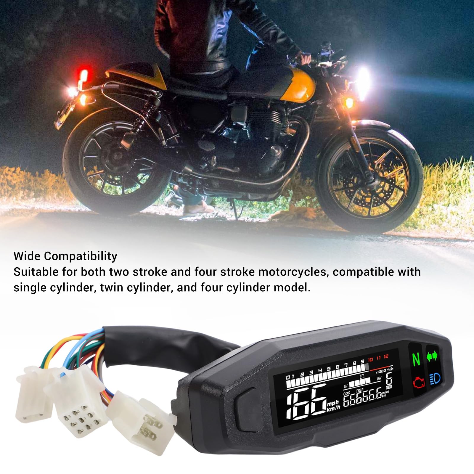 Velocímetro de motocicleta 6 marchas 12000 RPM, odómetro LCD universal MPH Km/h