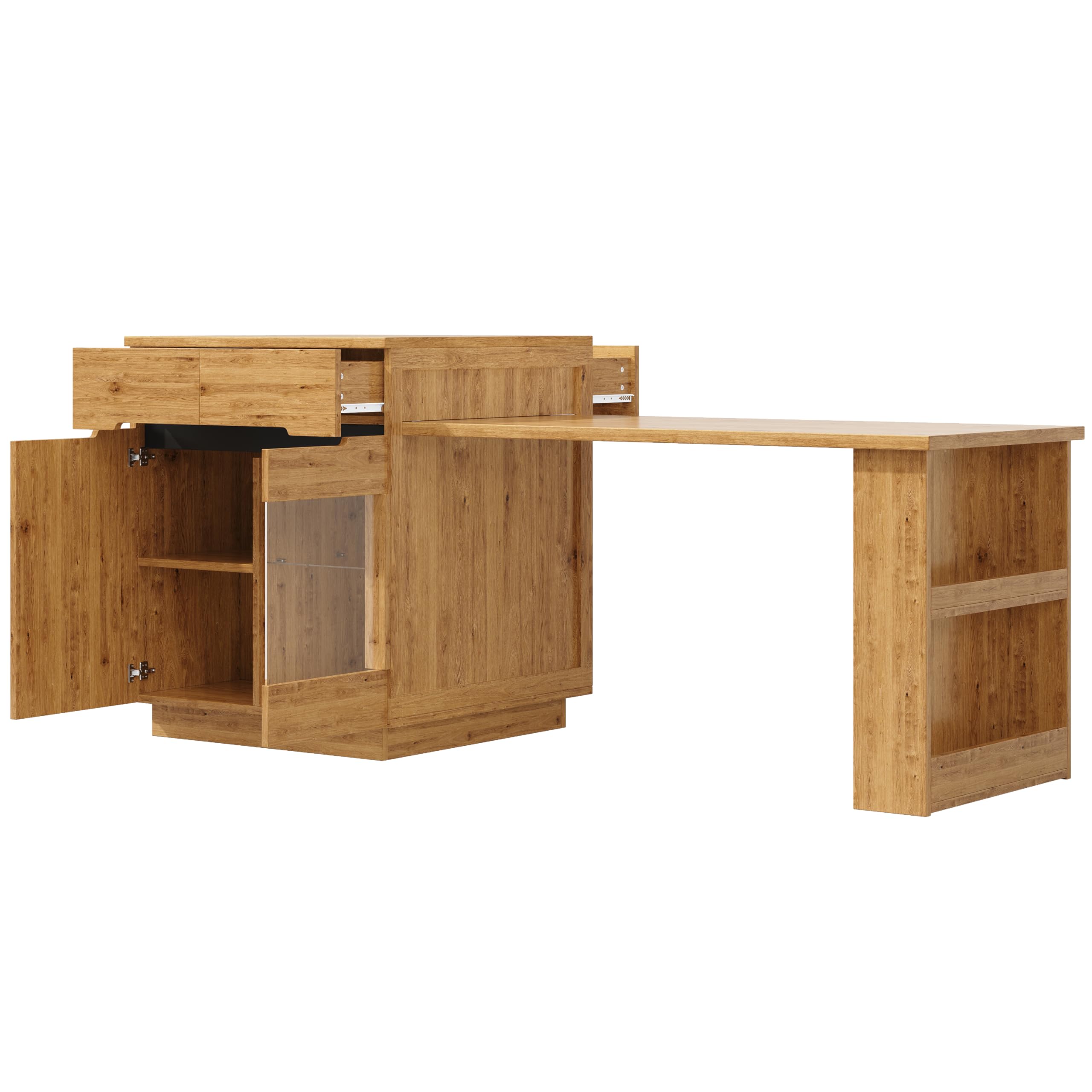 Isola cucina con tavolo allungabile, mobile cucina multifunzionale con illuminazione a LED (controllabile tramite app), effetto rovere, vano contenitore, cassetti, anta in vetro, per sala da pranzo e