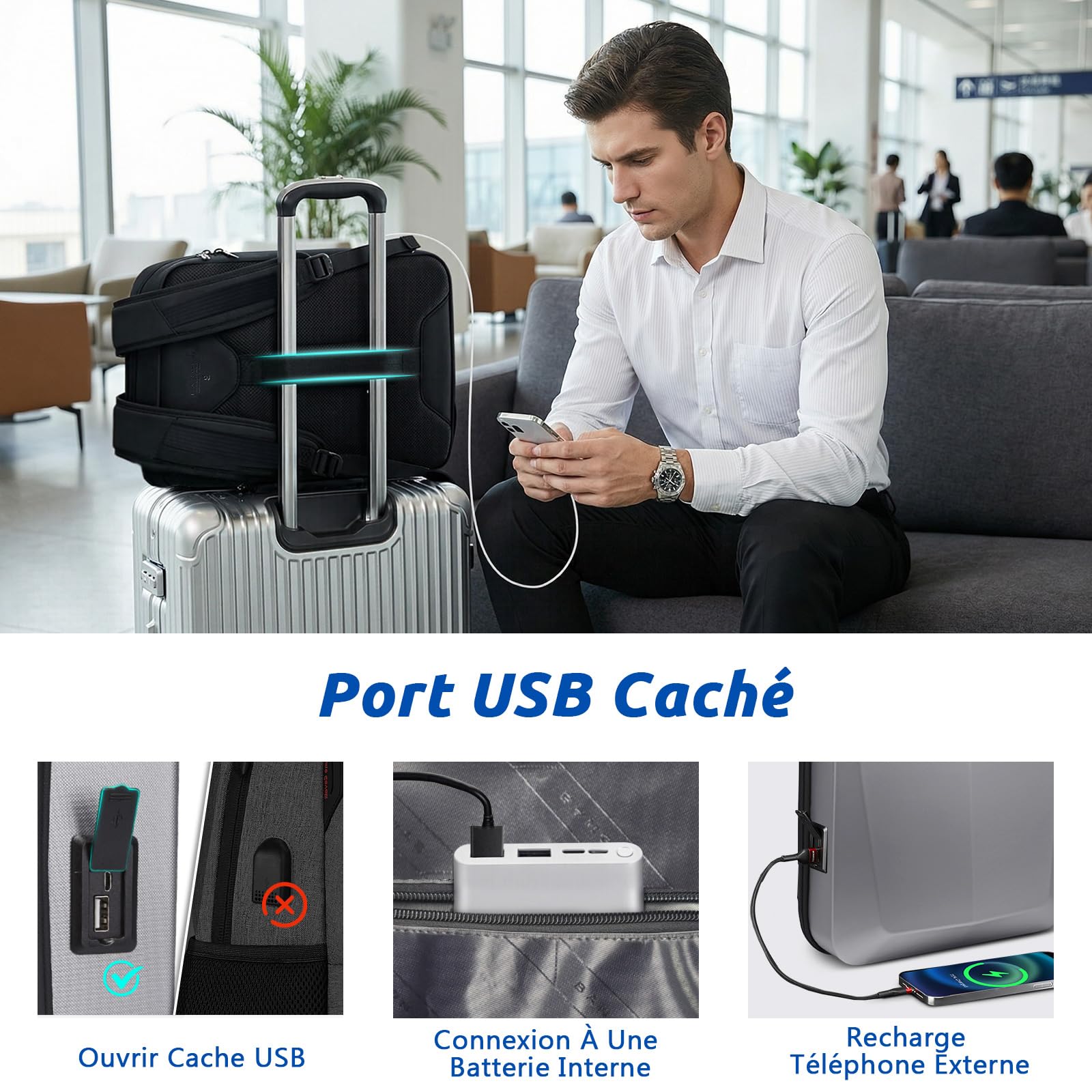 VARLIVOO Hommes Sac à Dos avec USB Port Daypack Ordinateur Portable 15.6" Pouces Antivol Mot Passe Verrouiller Sacs D'école École Collège Entreprise Travail Université Voyager Polyester Argent