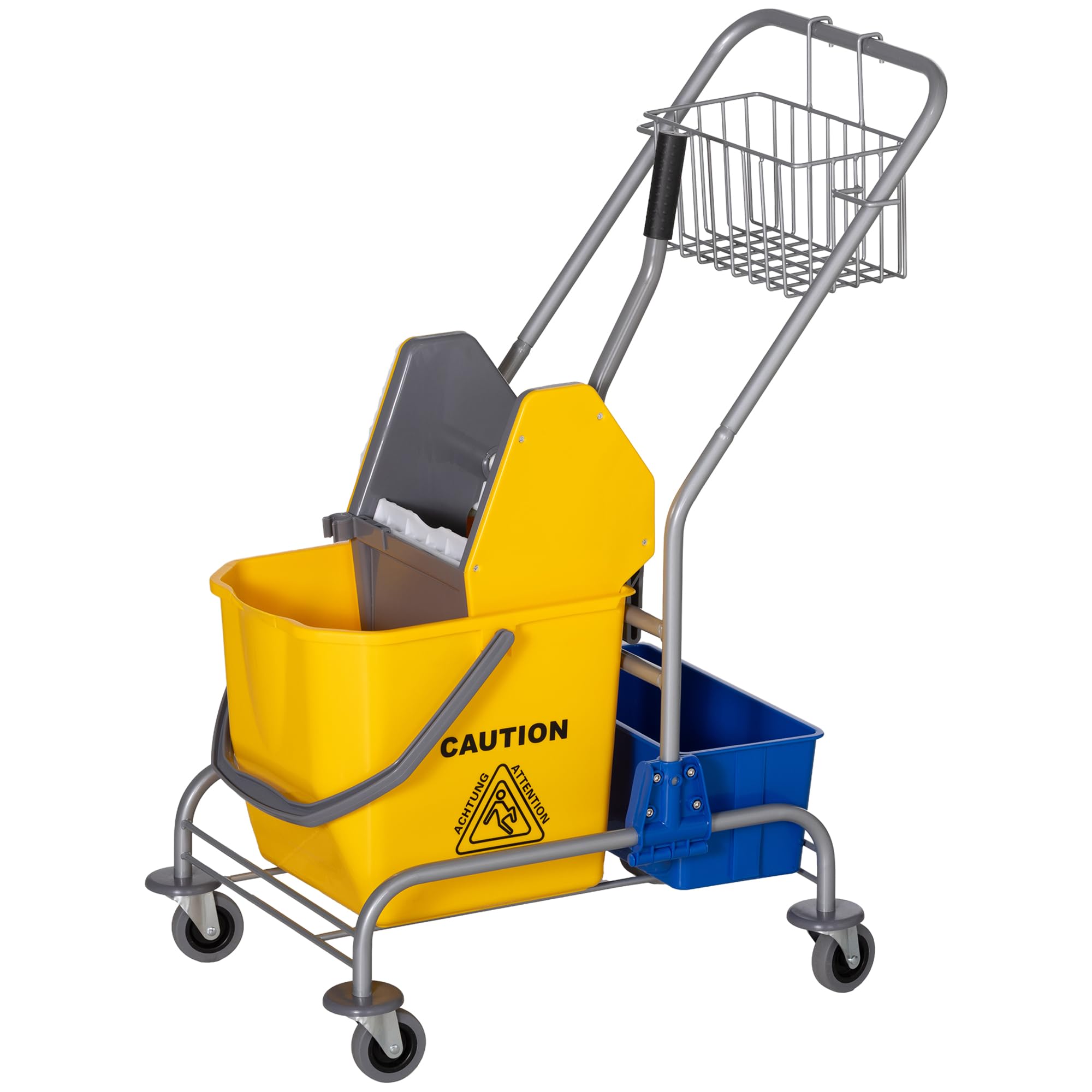 HOMCOM Carro de Limpieza Carro de Servicio con Cubos de Fregona de 25L Escurridor Cubeta y Estantes para Hotel Oficina 72x49,5x95 cm Amarillo