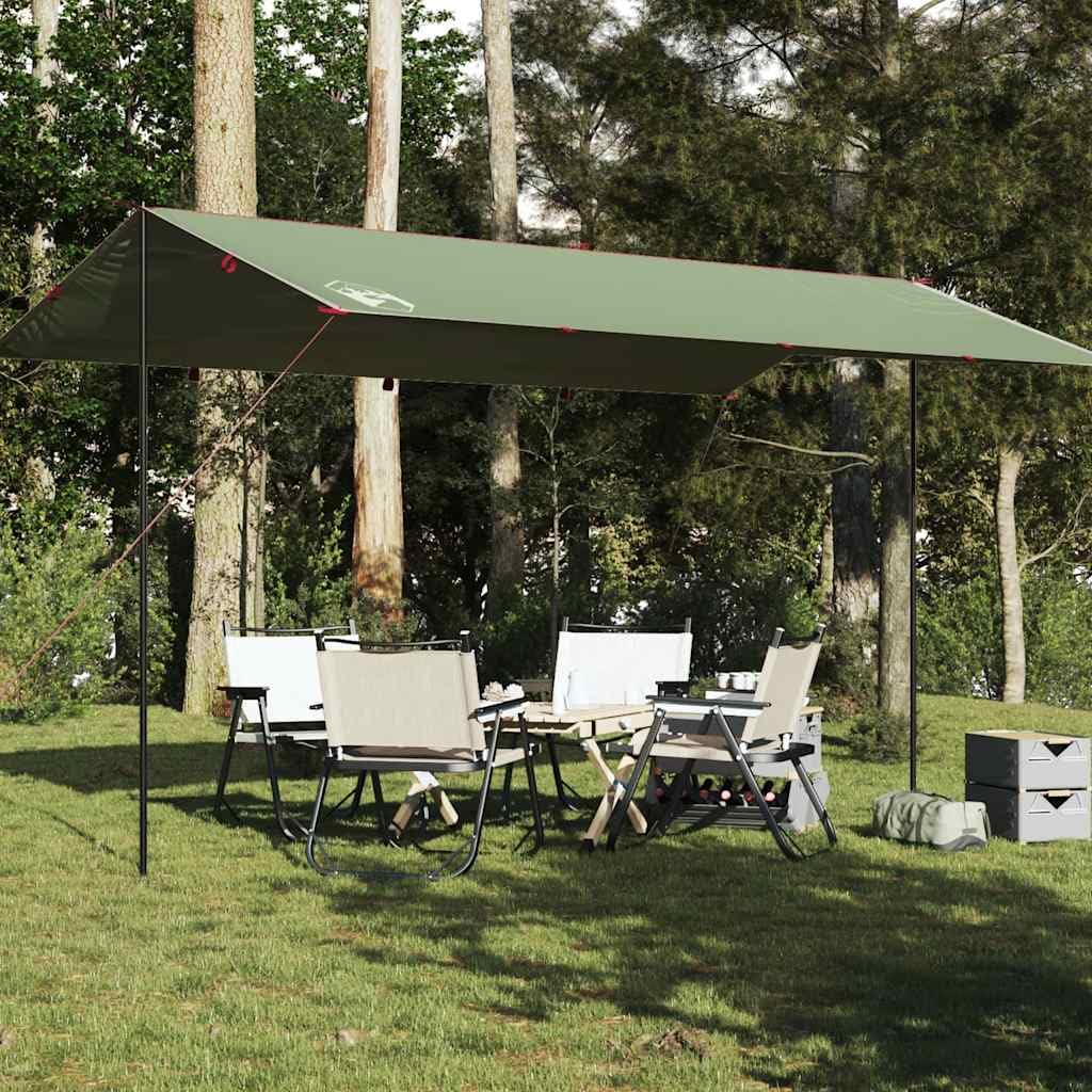Bâche d'extérieur imperméable verte 300 x 294 cm en taffetas avec revêtement PU, polyvalente comme auvent de camping ou bâche de sol, légère et pliable avec sac de transport.