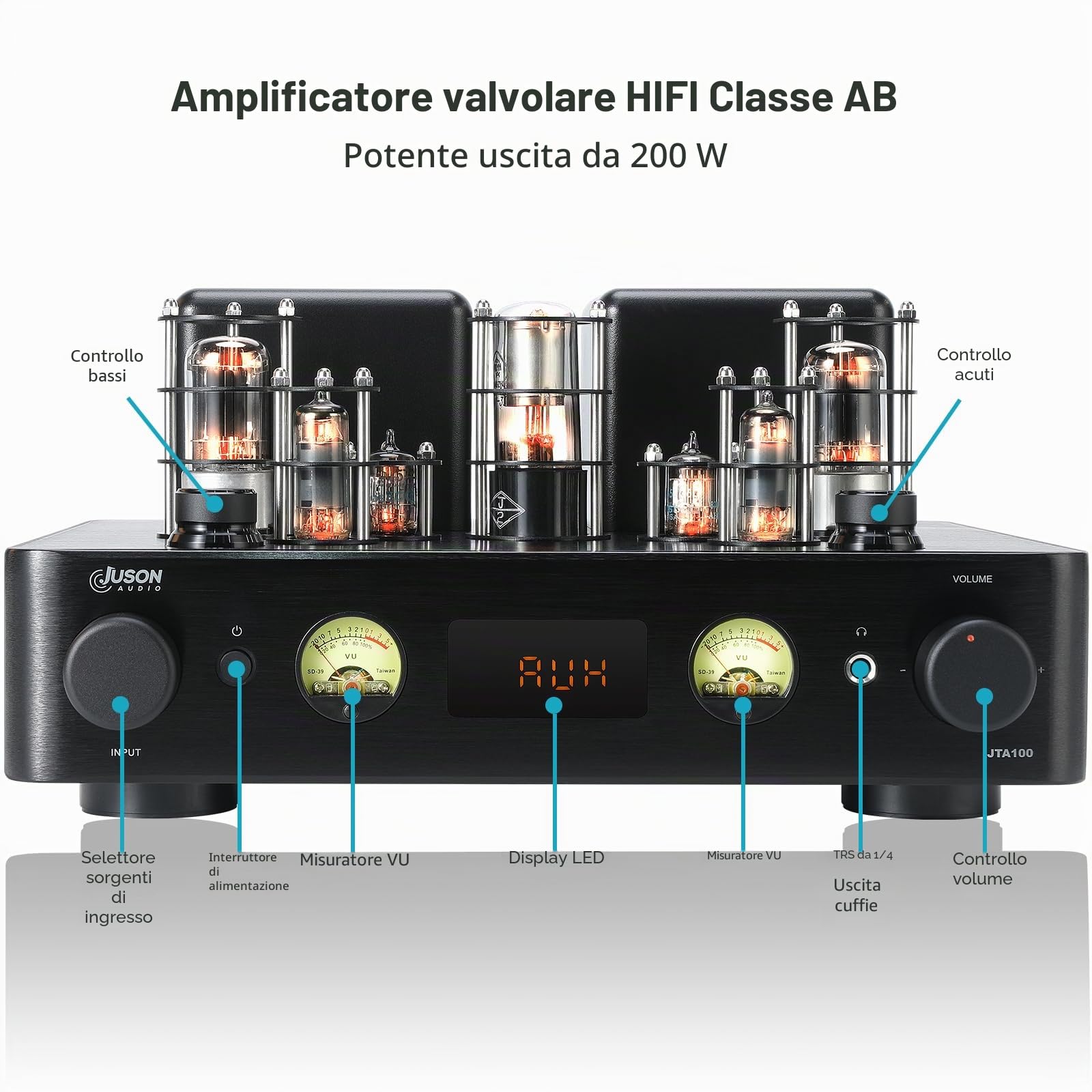 JTA100 2025 200 W Amplificatore a valvole a vuoto ibrido integrato con BT 5.0, OPT AUX, COAX, ingresso Phono e uscita cuffie, Classe AB a 2.1 canali, audio Hi-Fi domestico per giradischi