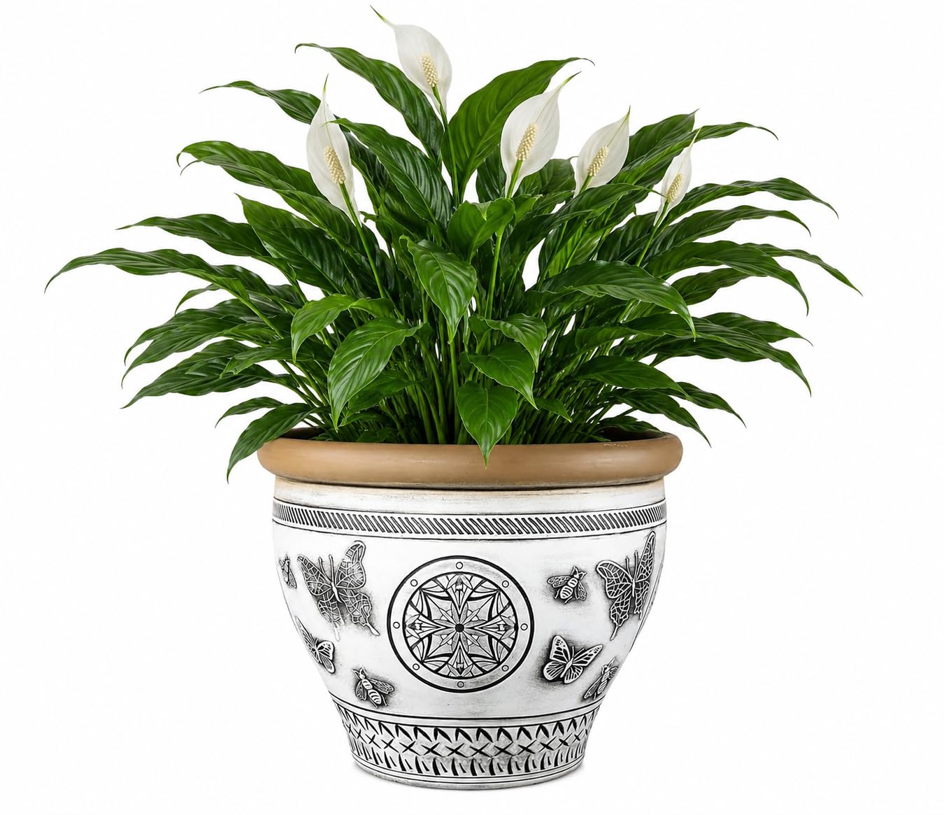 Decorative Outdoor Garden Planter Pot with Ornamental Pattern | Large Plastic Flower Plant Tree Pot | Frost Resistant Weatherproof Patio Herb Container with Drainage Hole (White, 21 Litre)