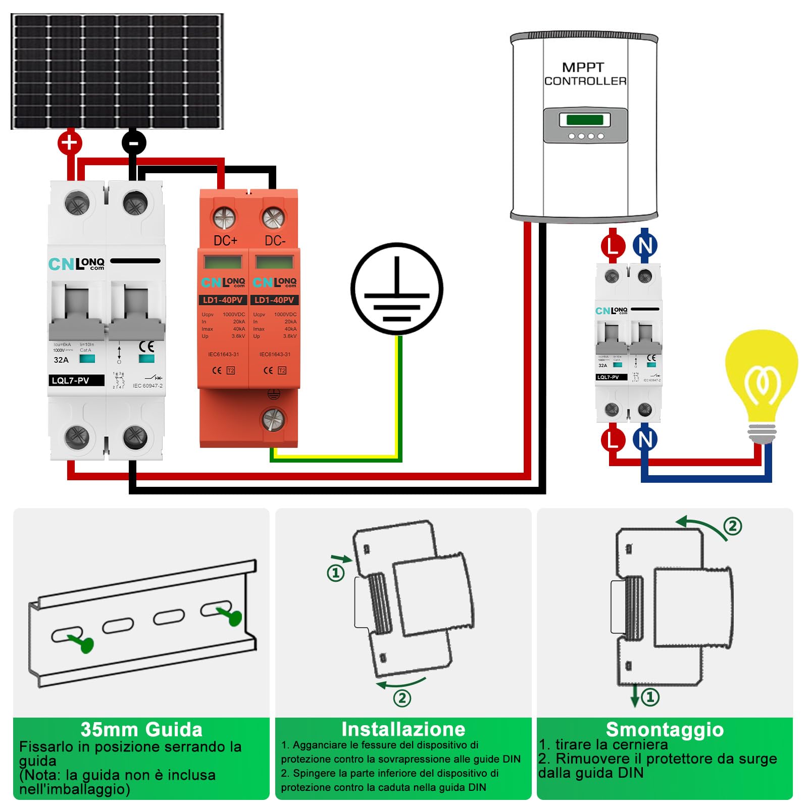 Scaricatore di Sovratensione DC1000V 20kA~40kA 2P Fotovoltaico Protezione Contro Sovratensioni
