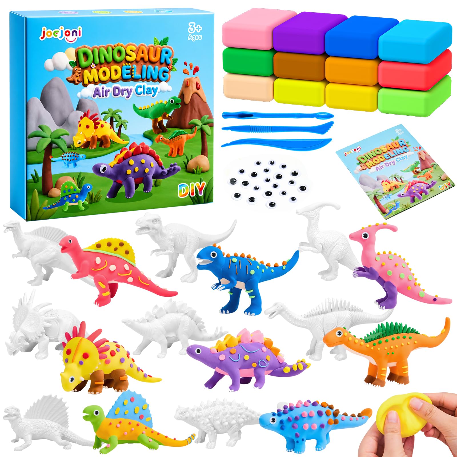 JOEJONI Dinosaur Air Dry Clay Craft Kit, Dinosaur Craft Kit for Kids, 12 Colors Modeling Clay Set with 8 Dinosaur Mold Models, DIY Arts and Crafts Kit for Kids, Dinosaur Toy Gift for Boys & Girls