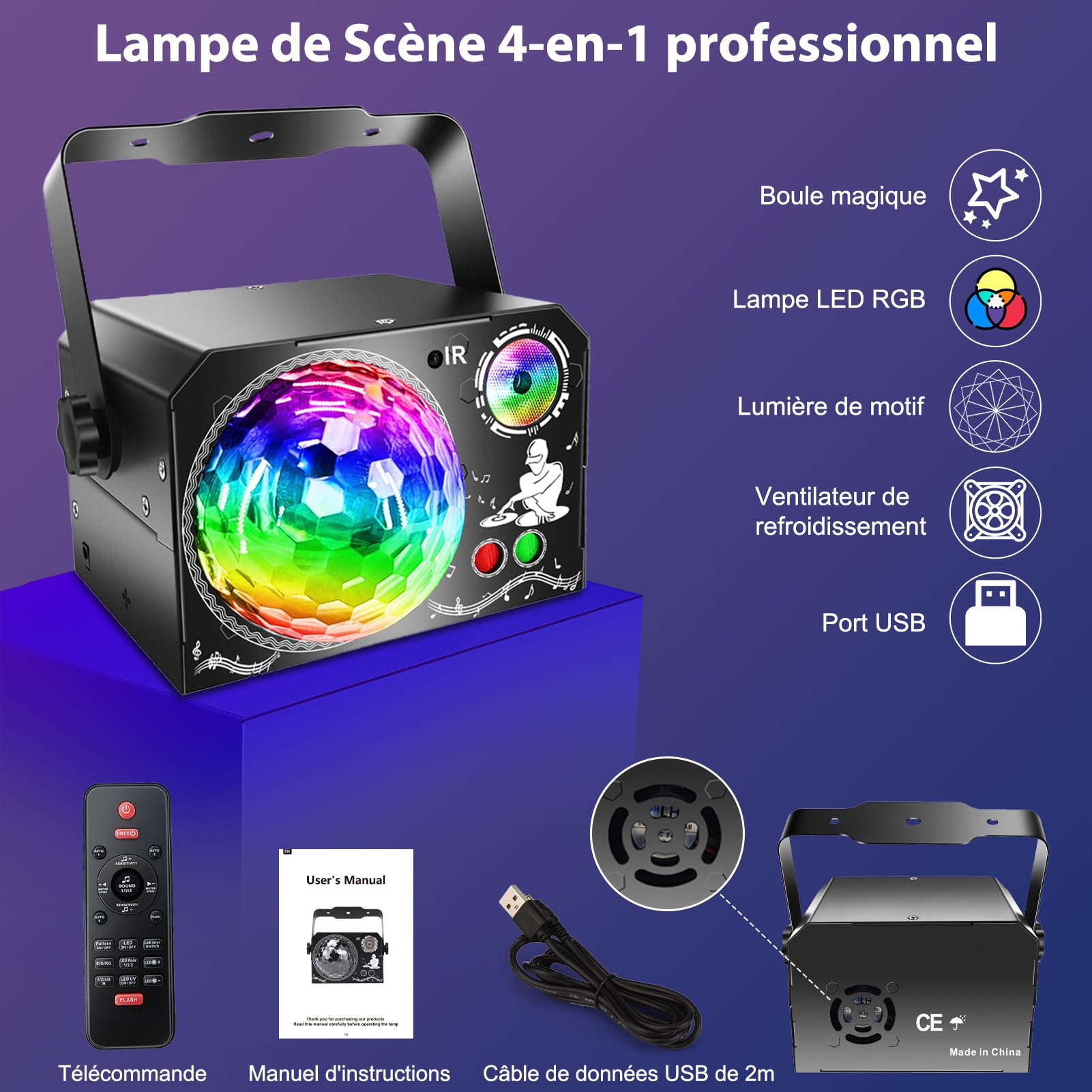 Lampe de Scène 4 en 1, Fwiull Lumière Disco avec Télécommande et Stroboscope, 65 Effets Lumineux RGB UV, USB Lumineux Boule Disco Musique Commande Vocale, Idéal Lumiere pour Soirée, Fête, Karaoké,Noël