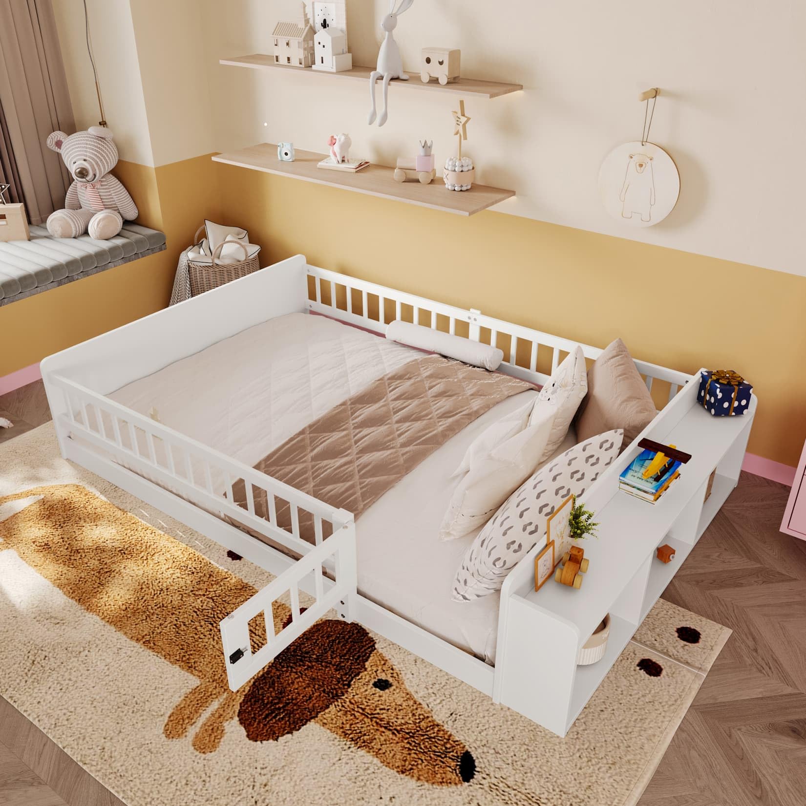 Lit Enfant 140x200 PUGSDRLY - Tête Lit Cartoon Citrouille - Simili Cuir Rembourré Beige/Rose