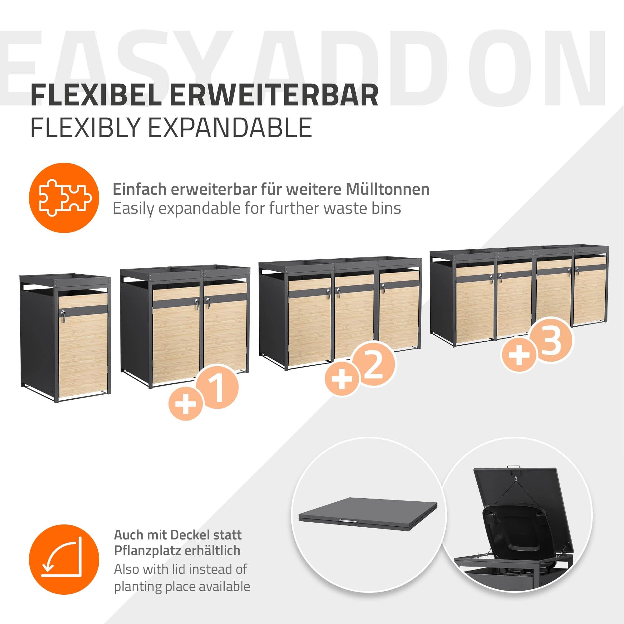 ML-Design Mülltonnenbox 3er 240L mit Pflanzdach, Mülltonnenverkleidung für 3 Mülltonnen, Müllbox wetterfest Mülltonnenhaus aus Stahl, Müllcontainer, abschließbare Tür 200x80x124 cm Anthrazit-Holzoptik