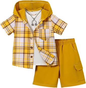 Boys Clothes Shorts Sets Plaid Short Sleeve Hooded Button Shirt and Jogger Shorts for Kids Summer Outfits