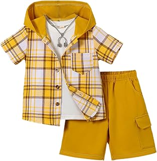 Boys Clothes Shorts Sets Plaid Short Sleeve Hooded Button Shirt and Jogger Shorts for Kids Summer Outfits