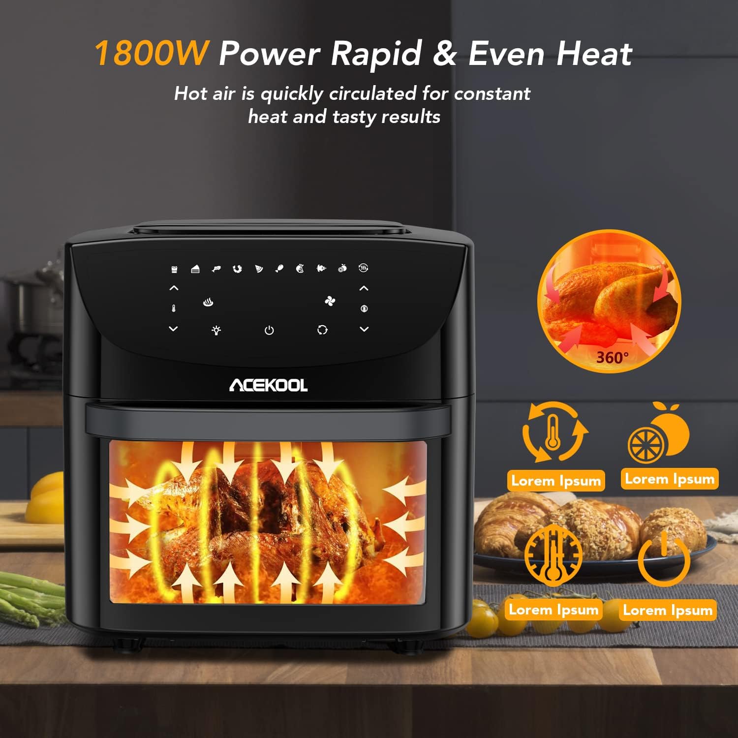 Digitaler Heißluftfritteuse 18L1800W Touchscreen Rotisserie Multifunktions 10 in 1 Display LED Niedriger Ölgehalt Heißluft-Technologie 360° Energiesparend Spülmaschinenfest
