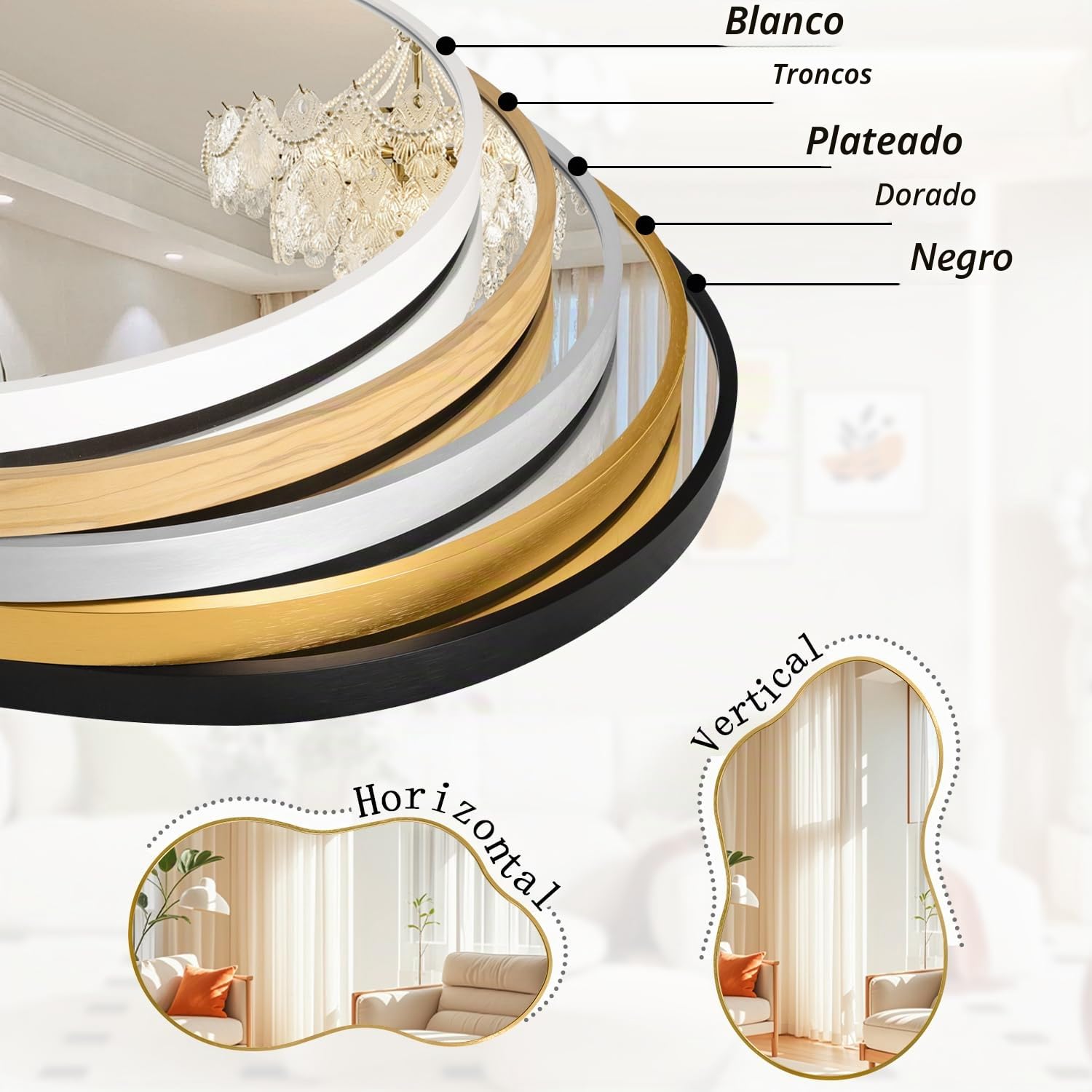 JJUUYOU Espejo de pared asimétrico grande con marco de metal dorado irregular, moderno y único, espejo decorativo para baño, tocador, dormitorio, sala de estar, entrada, pasillo, espejos 50 x 90 cm