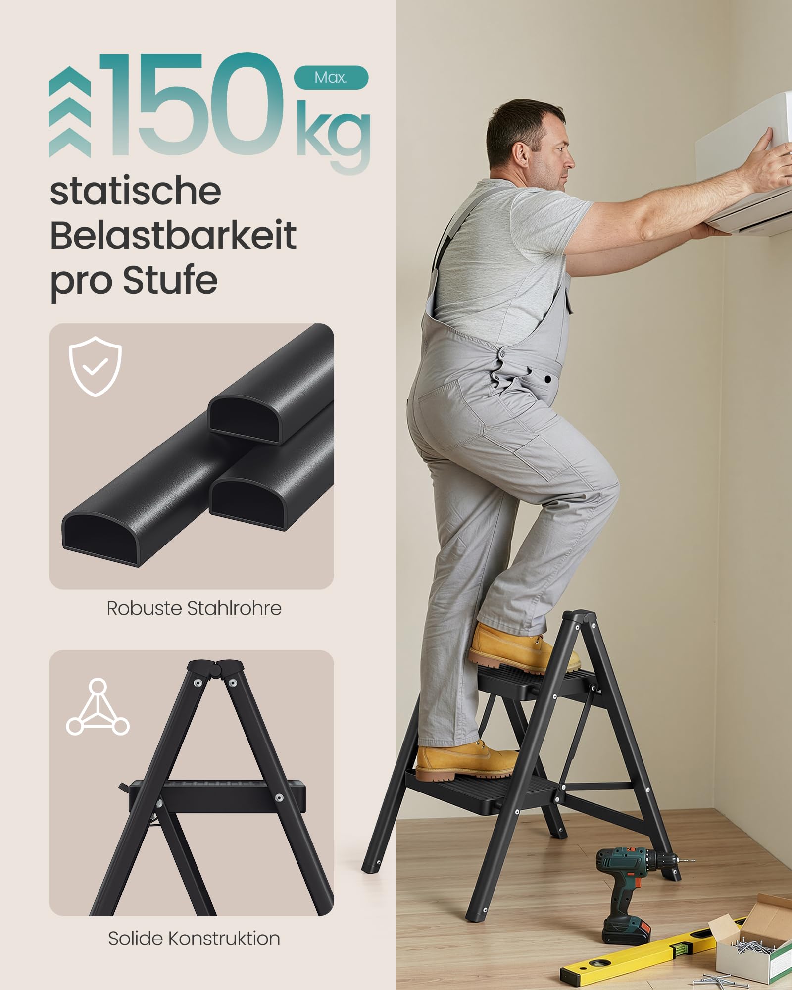 SONGMICS Trittleiter, Tritthocker klappbar, Klappleiter 2 Stufen, bis 150 kg belastbar, Leiter, aus Stahl, einfach zu verstauen, für Haushalt Büro, schwarz, 55 x 43,4 x 61,8 cm GSL102BZ01